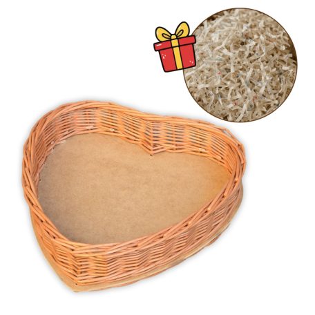 Szív alakú ajándék kosár tömőanyaggal 
